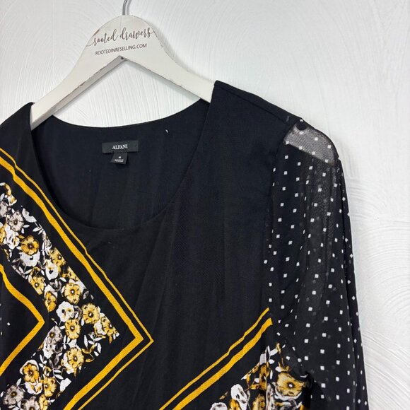 Alfani Sheer Mini Dress Career Black Gold Floral Lightweight Pullover Womens M - Picture 2 of 7